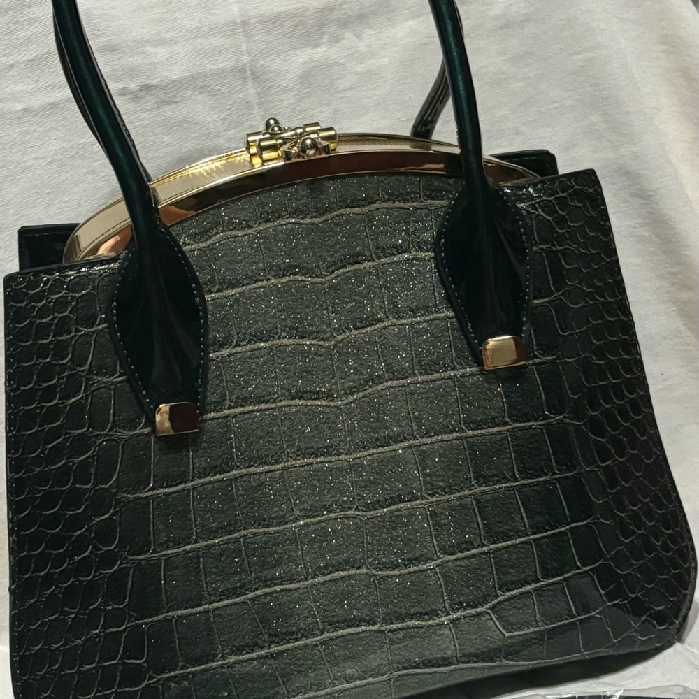 Black Crocodile-Embossed Satchel with Gold Closure